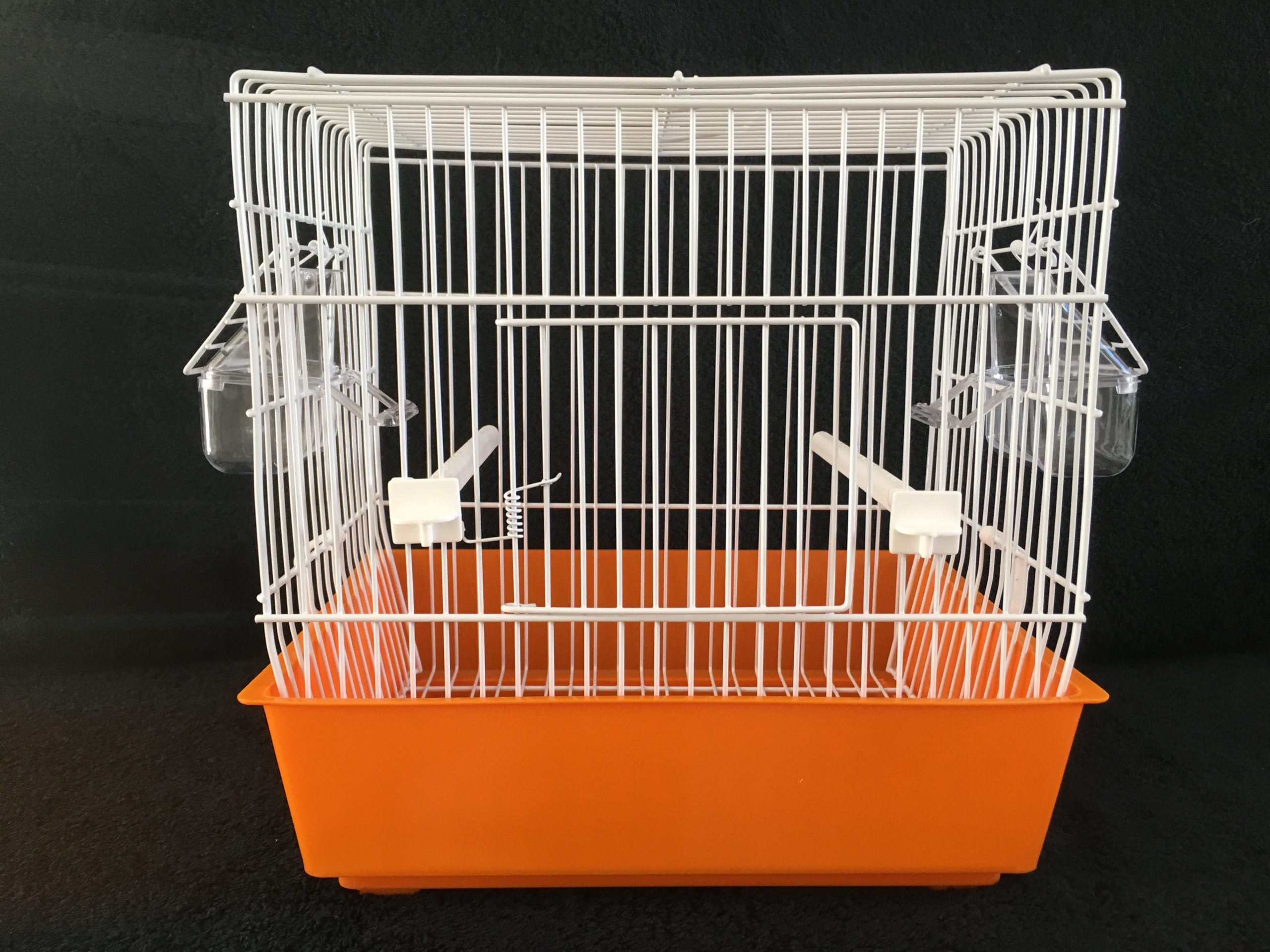 SMALL WHITE WIRE BIRD CAGE WITH PLASTIC COLOURED TRAY
