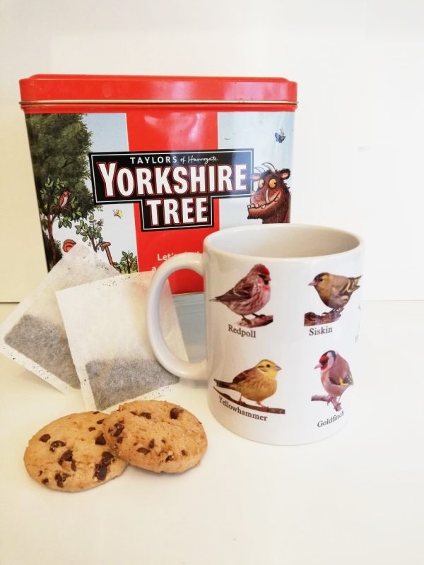 pictures of British Finches on a white ceramic mug