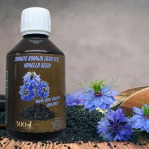 Bottle of black cumin seed oil or Nigella seed oil